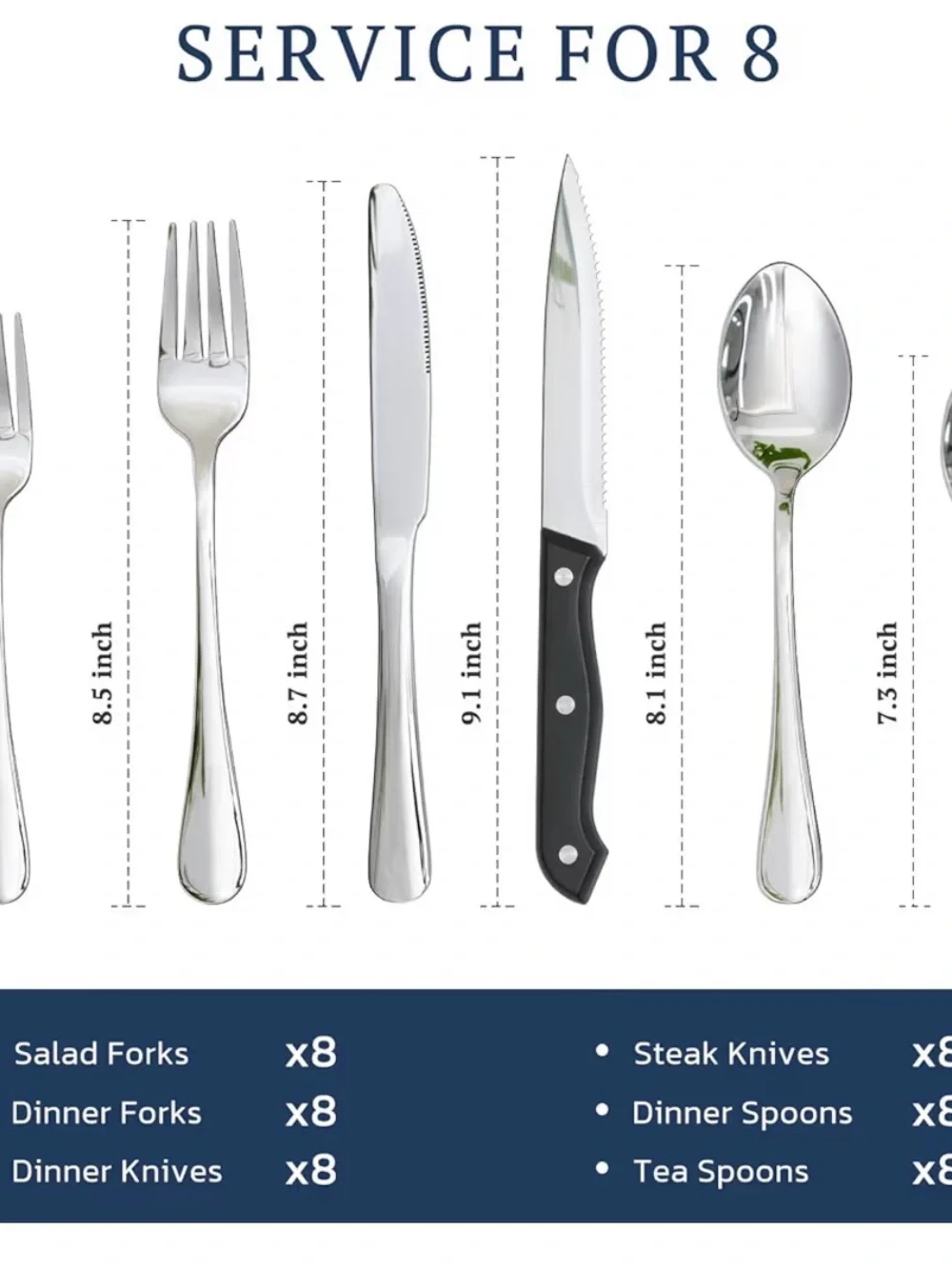 Stainless Flatware Set in Silver with Steak Knives